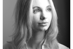 High-key black and white portrait of Vicki Alexia